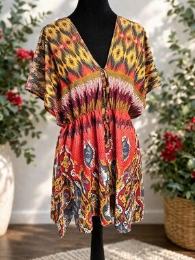 Vintage Metropolitan Smocked Tunic Dress XL Bright Boho Ikat Statement
